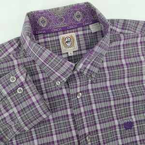Cinch Shirt Mens Large Long Sleeve Purple Gray Plaid Button Down Western Cowboy